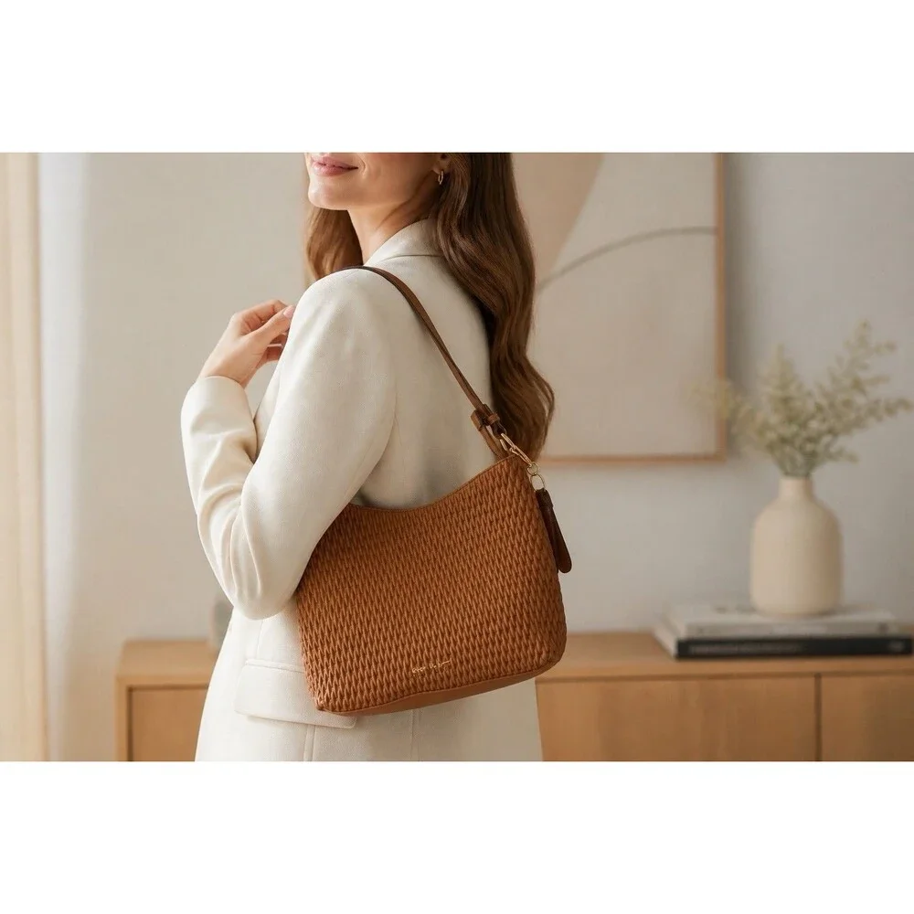 Nicole Miller New York Brown Woven Satchel Shoulder Bag Purse Zip Gold HW EUC
